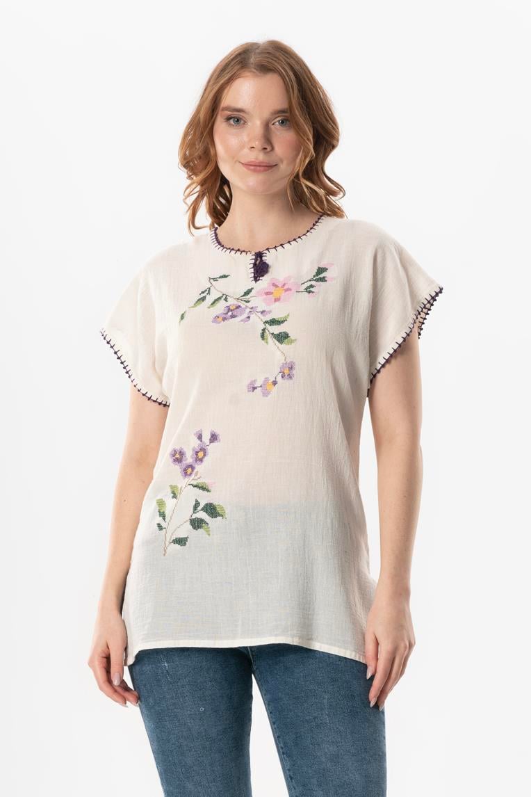 Short Sleeve Sile Cloth Cahide Slit Detailed Summer Blouse Cream