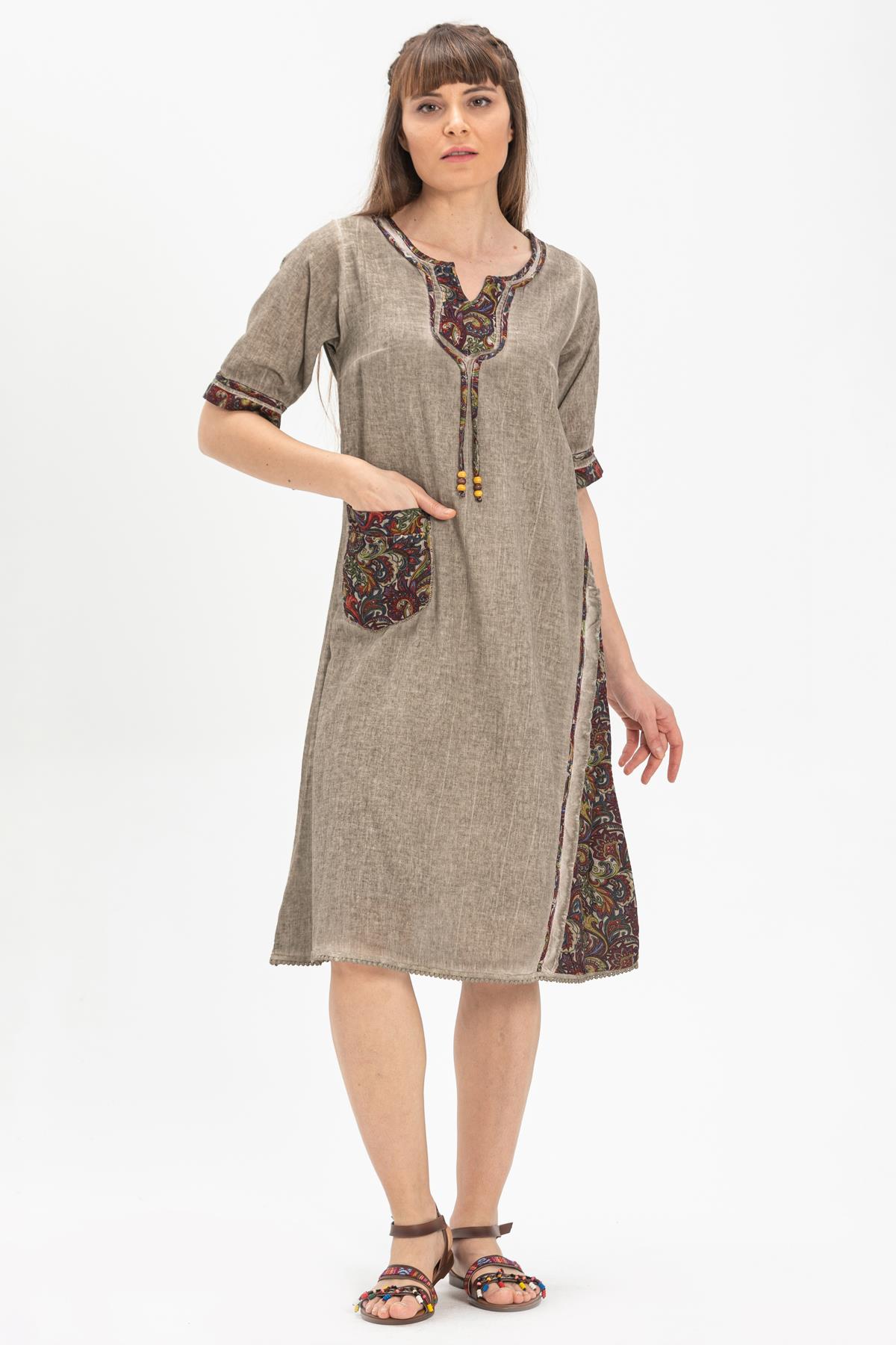 Short Sleeve Şile Fabric Dilek Midi Length Dress Earth Colour