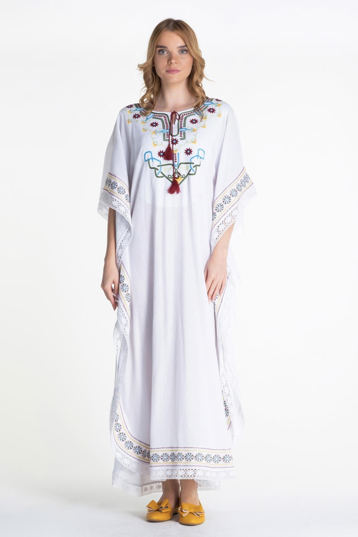 Short Sleeve Şile Fabric Gülseren Long Dress White