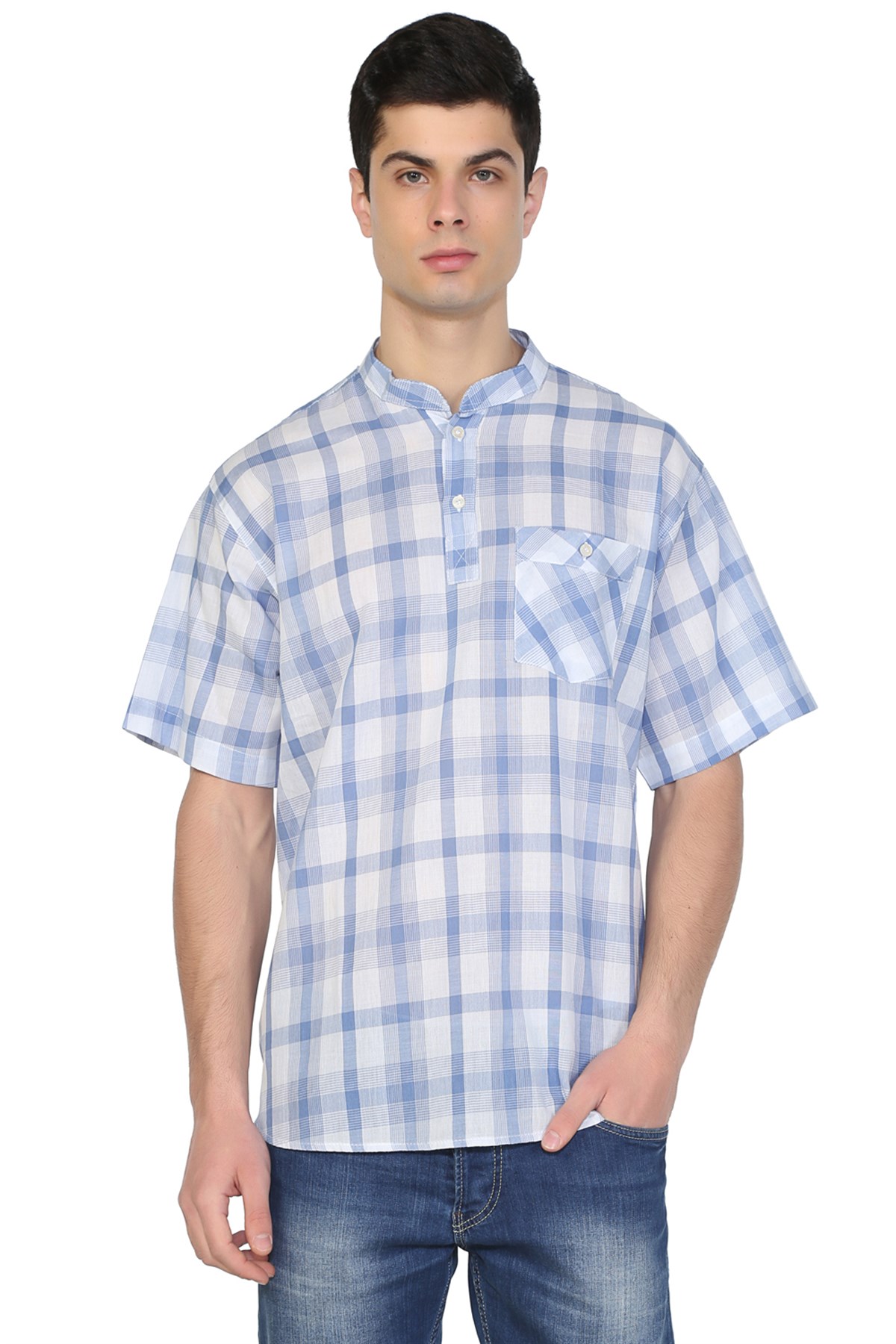 Kısa Kol Şile Bezi Hakim Yaka Erkek Tshirt Mavi Beyaz Kareli 3017
