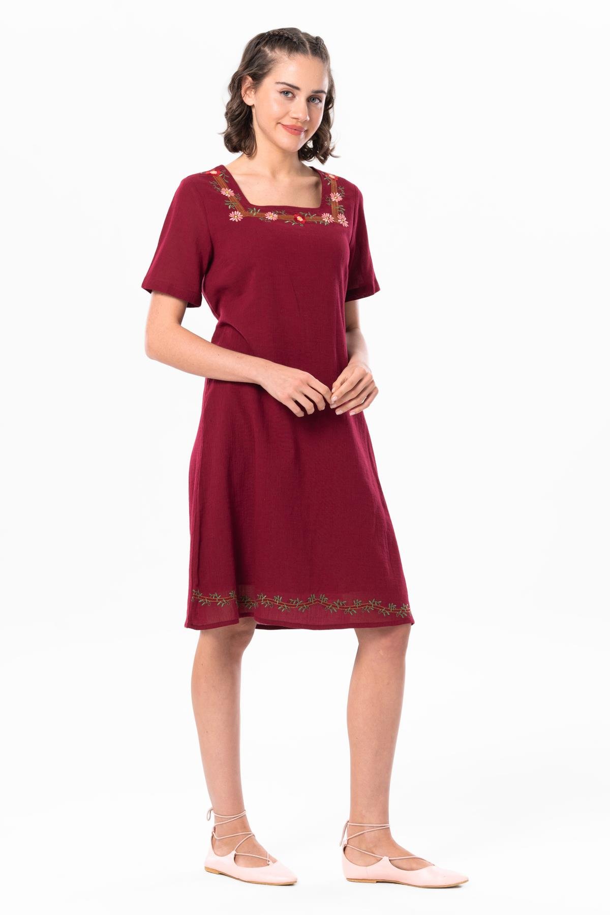 Short Sleeve Sile Fabric Square Neck Narin Short Summer Dress