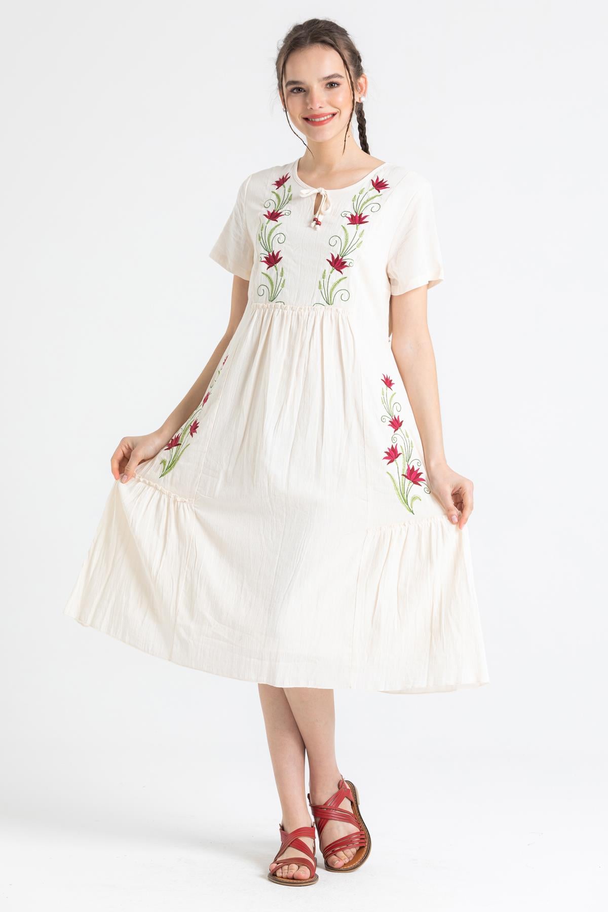 Short Sleeve Sile Cloth Lalezar Embroidered Midi Length Dress Cream