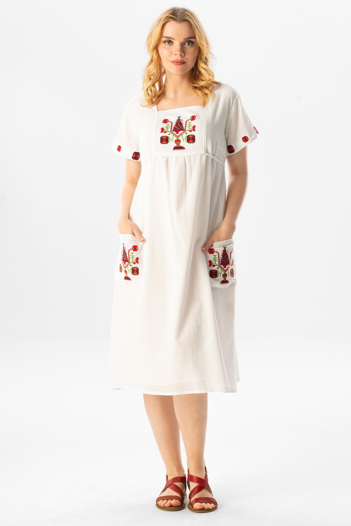 Kısa Kol Şile Bezi Melek Midi Boy Yazlık Otantik Elbise Beyaz Byz