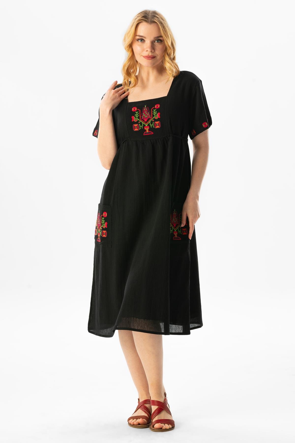 Kısa Kol Şile Bezi Melek Midi Boy Yazlık Otantik Elbise Siyah Syh