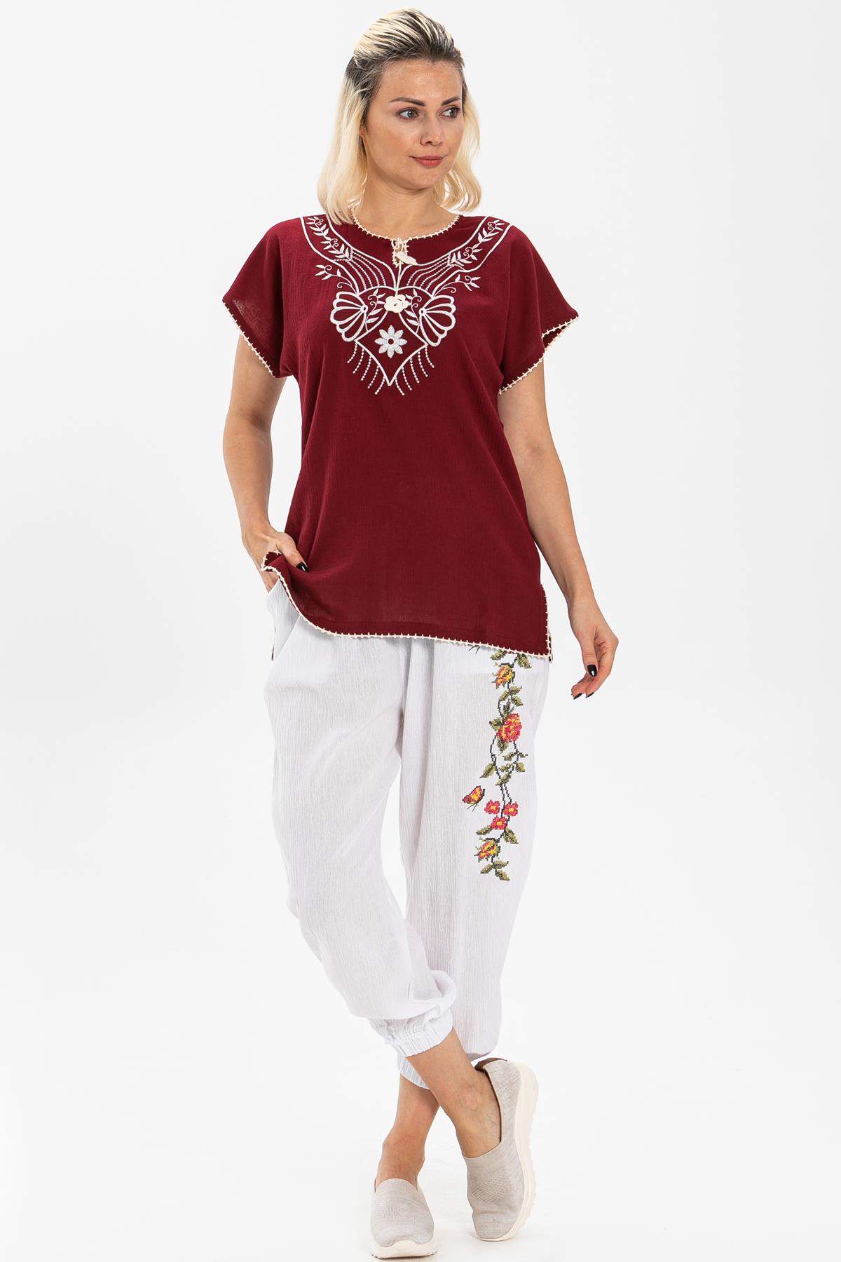 Kısa Kol Şile Bezi Naz Bluz Bordo Brd