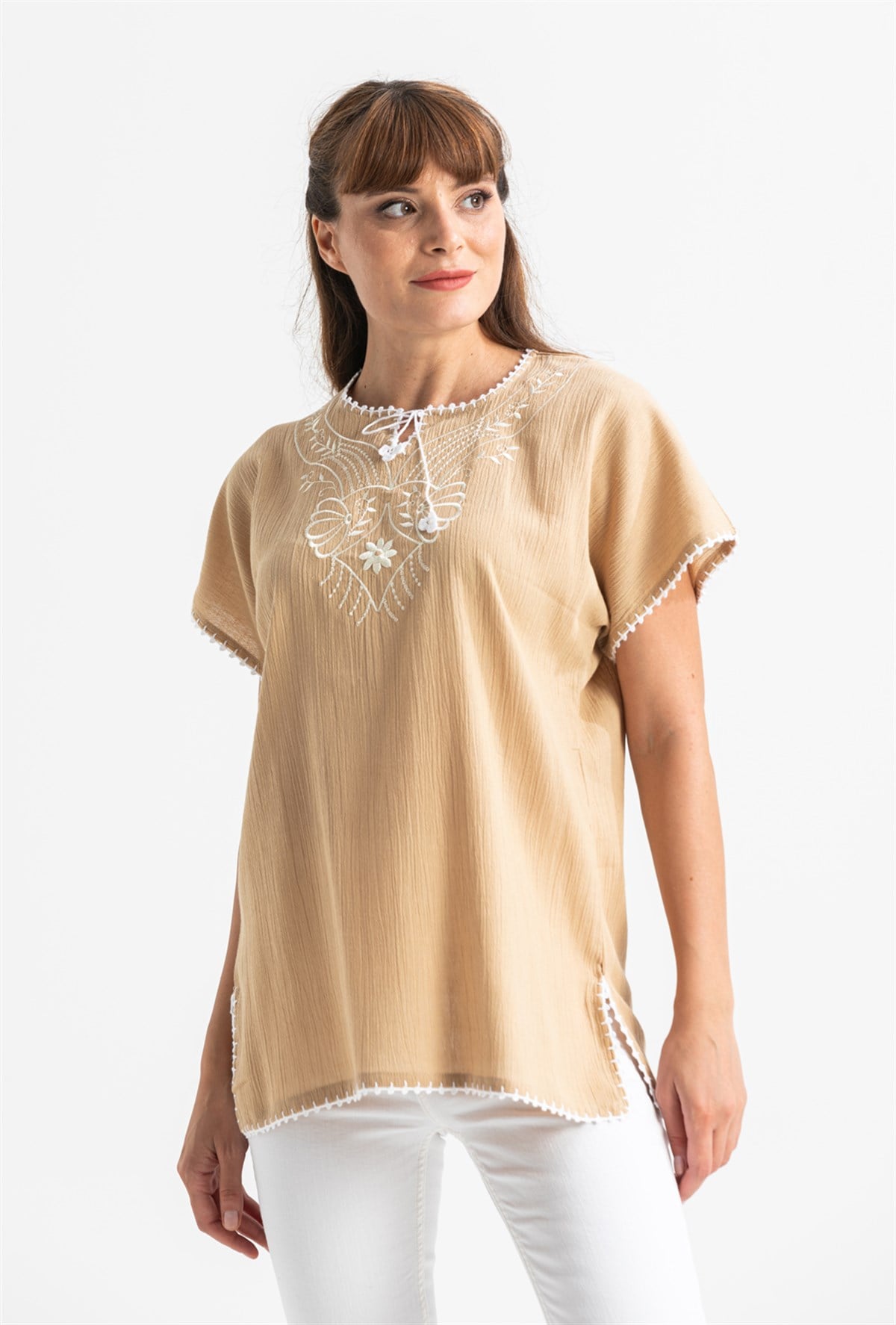 Kısa Kol Şile Bezi Naz Bluz Camel Cml