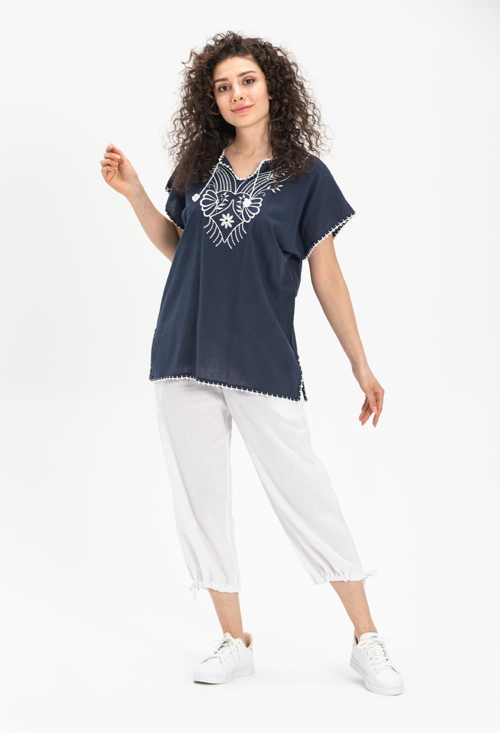 Short Sleeve Şile Fabric Naz Blouse Navy Blue