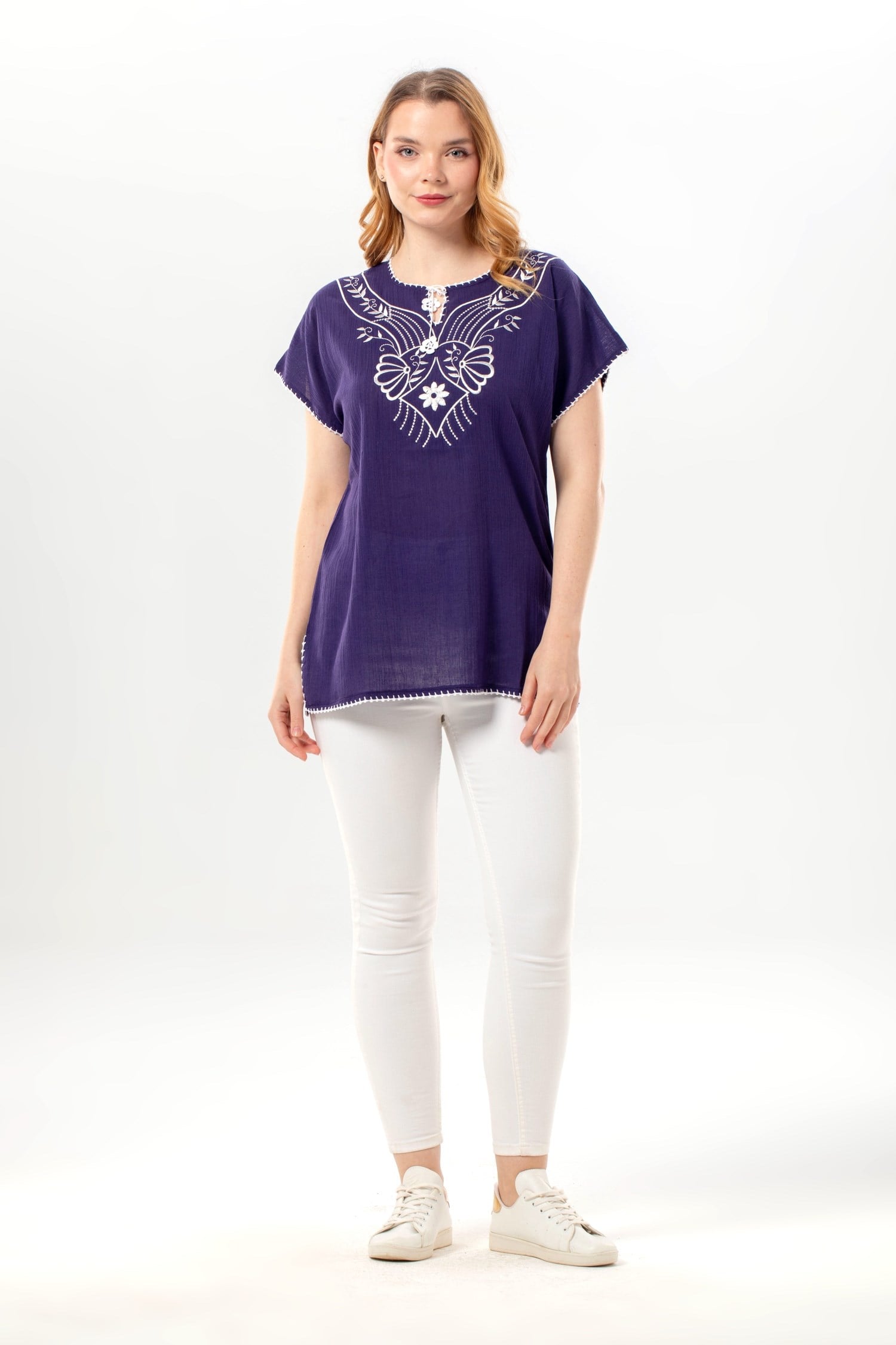 Short Sleeve Şile Fabric Naz Blouse Purple