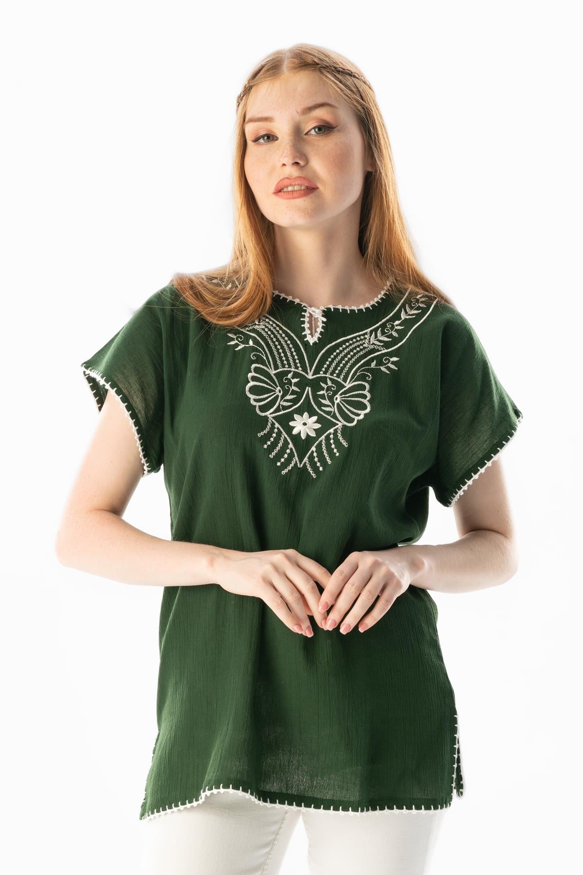 Short Sleeve Şile Fabric Naz Blouse Green