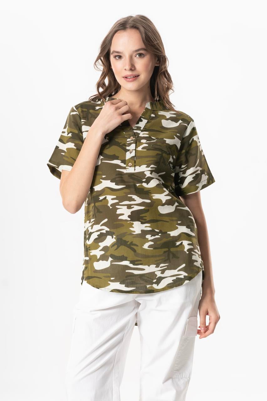 Short Sleeve Sile Fabric Seda V-Neck Camouflage Summer Blouse Green