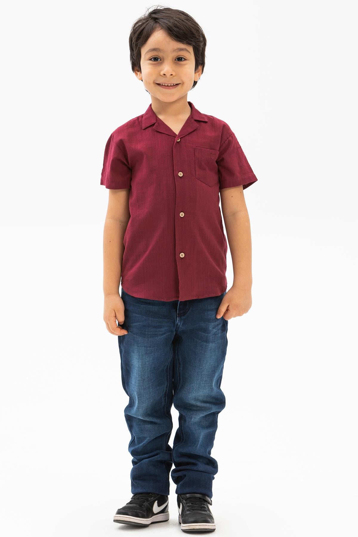 Short Arm Sile Fabric Men Kid's Shirt Koyu Claret Red