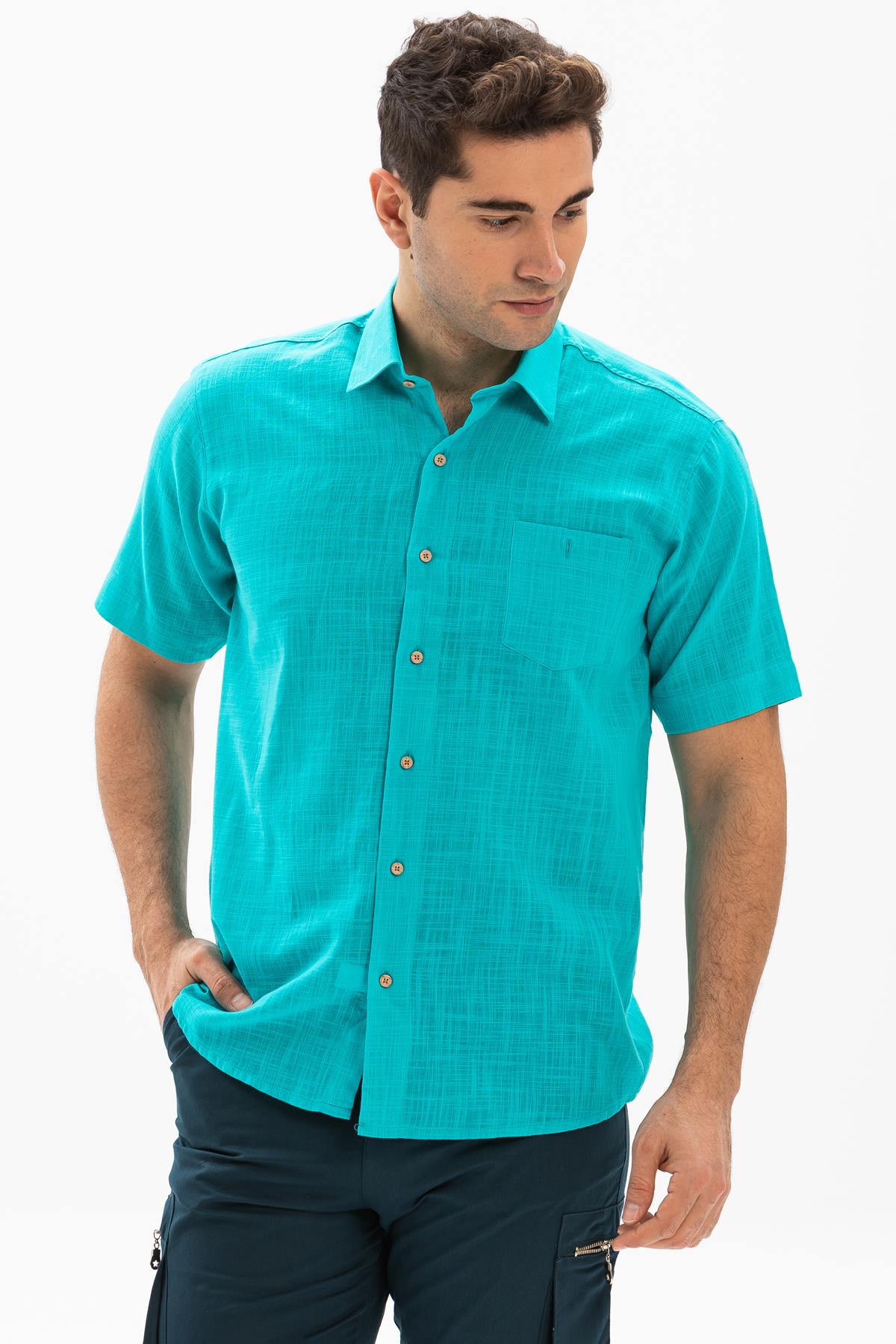 Short Sleeve Şile Fabric Shirt Turquoise