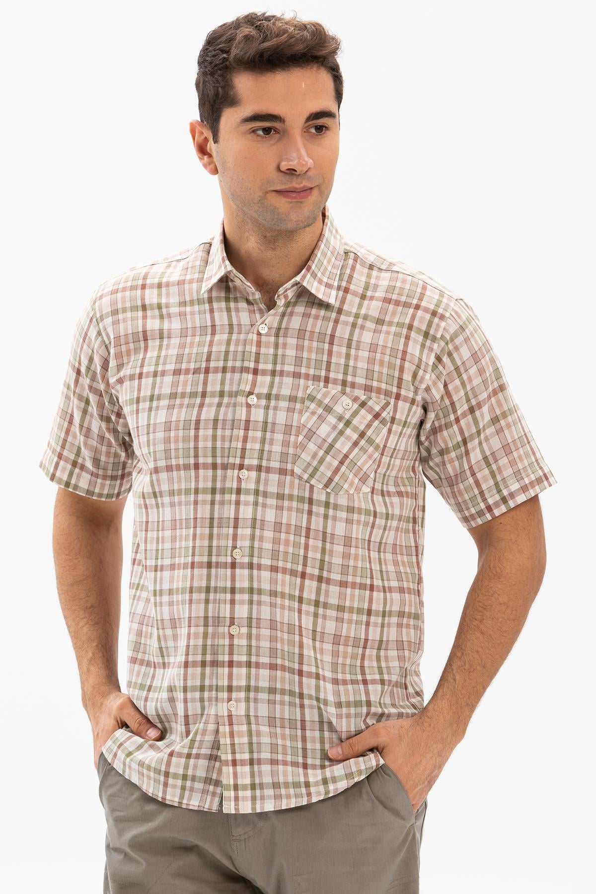 Short Arm Sile Fabric Men Shirt Cream Plaid