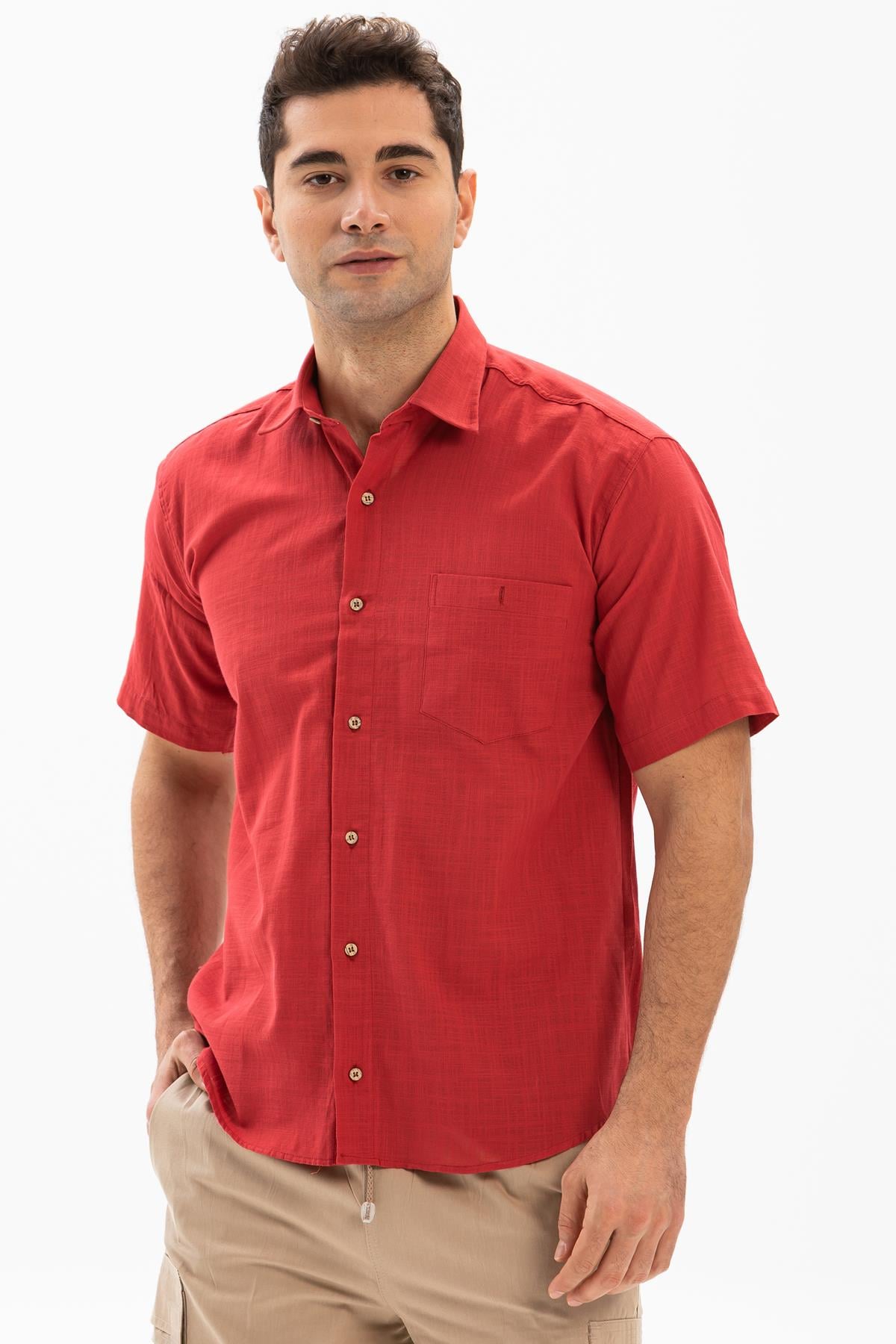 Short Sleeve Sile Fabric Men Shirt Red