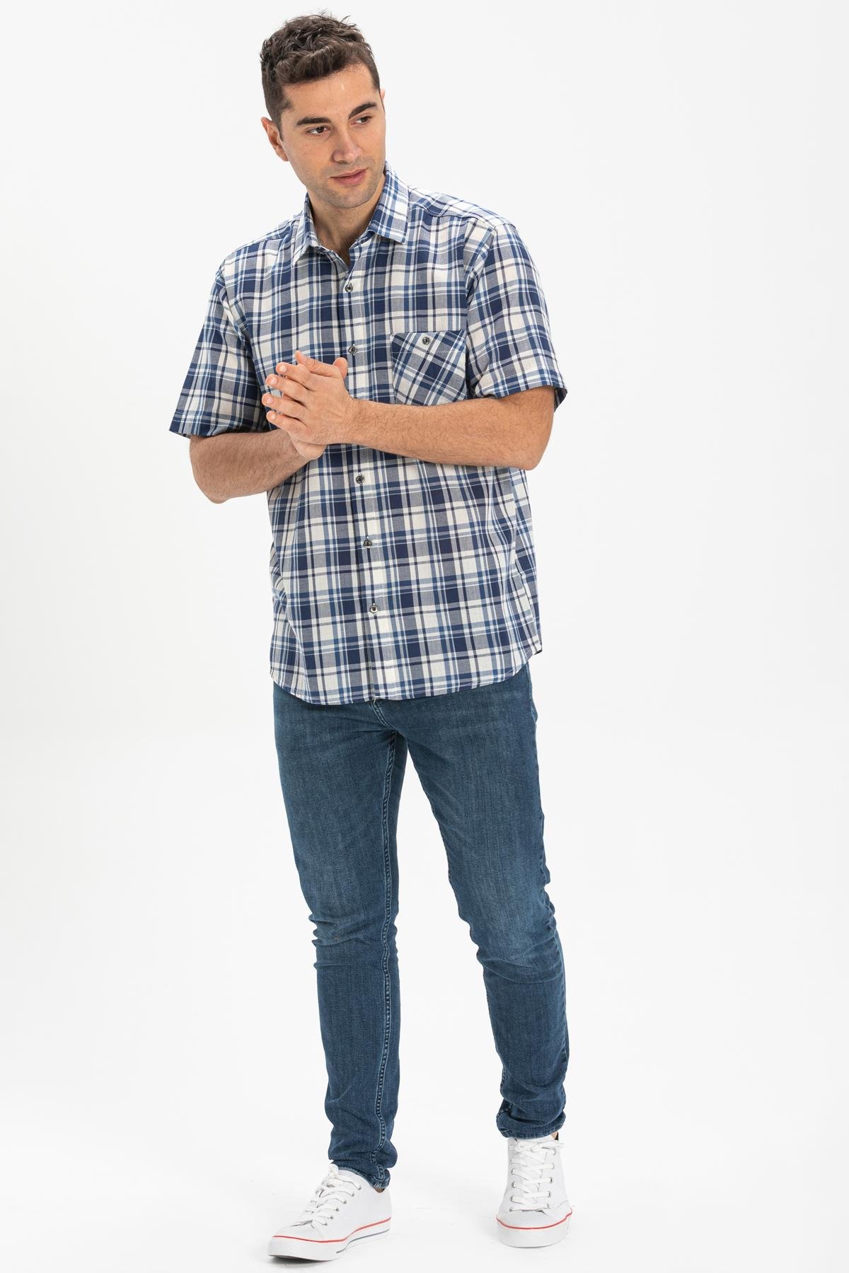 Kısa Kol Şile Bezi Tek Cepli Erkek Gömlek Lacivert Ekose 3058