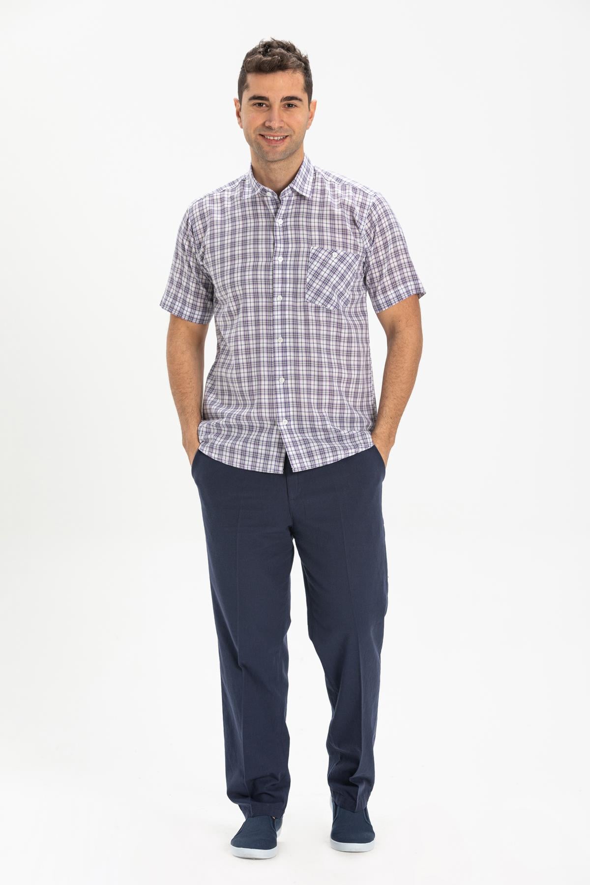 Short Sleeve Sile Fabric Men Shirt Purple Plaid