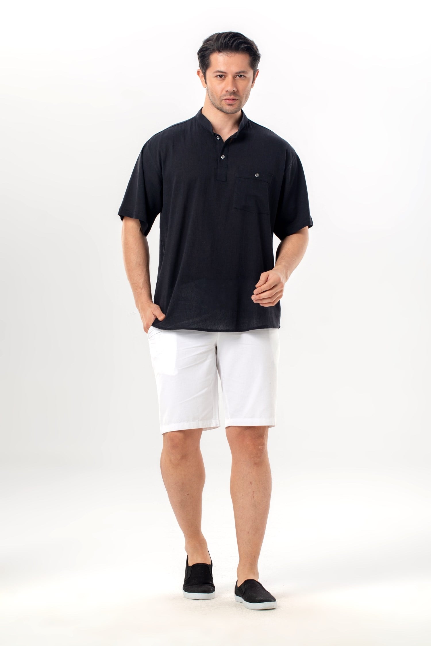 Short Sleeve Sile Fabric Judge Collar Men Tshirt Black