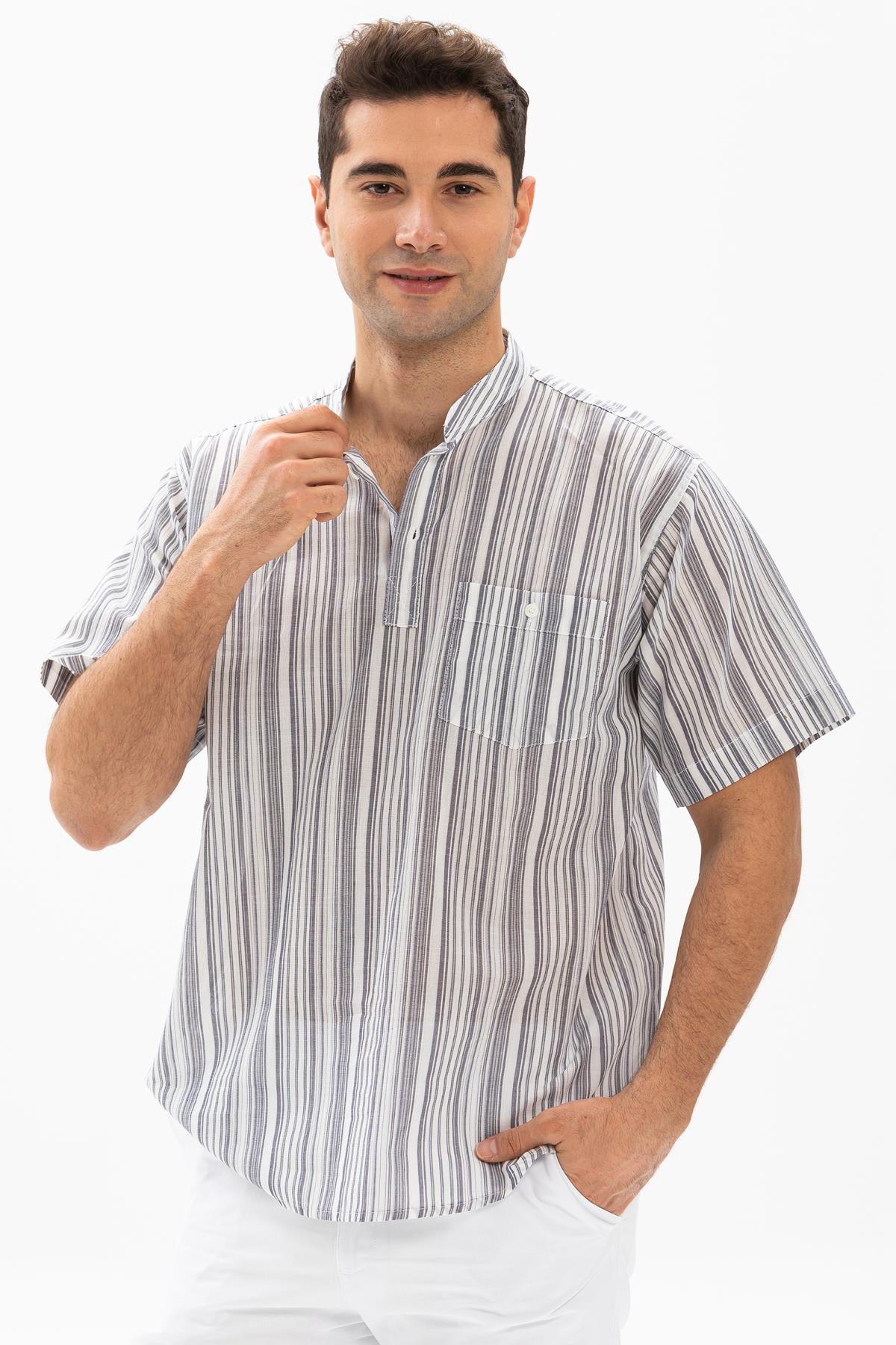 Kısa Kol Şile Bezi Tek Cepli Hakim Yaka Erkek Tshirt Füme Beyaz Çizgili 3014