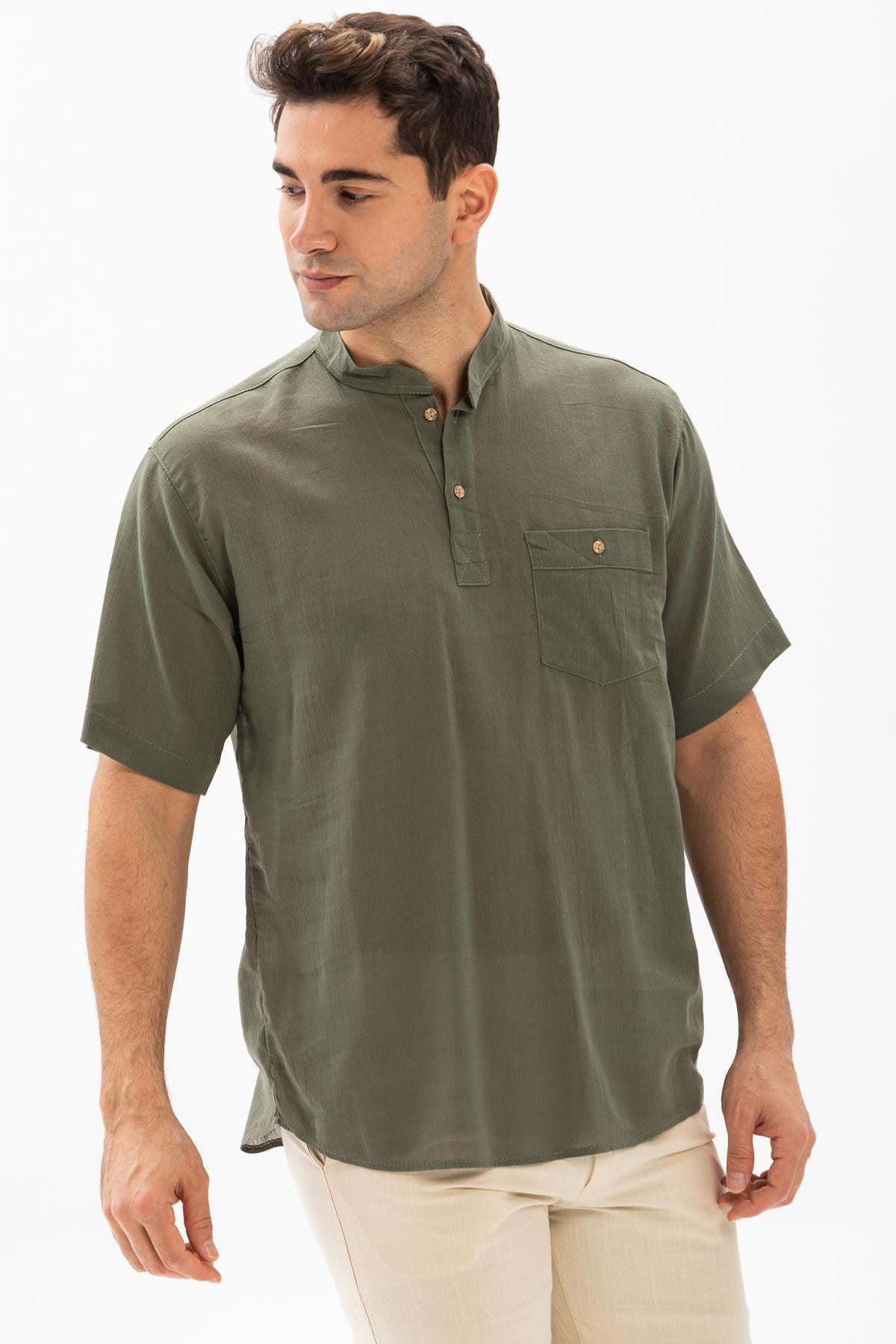 Kısa Kol Şile Bezi Tek Cepli Hakim Yaka Erkek Tshirt Haki 3049