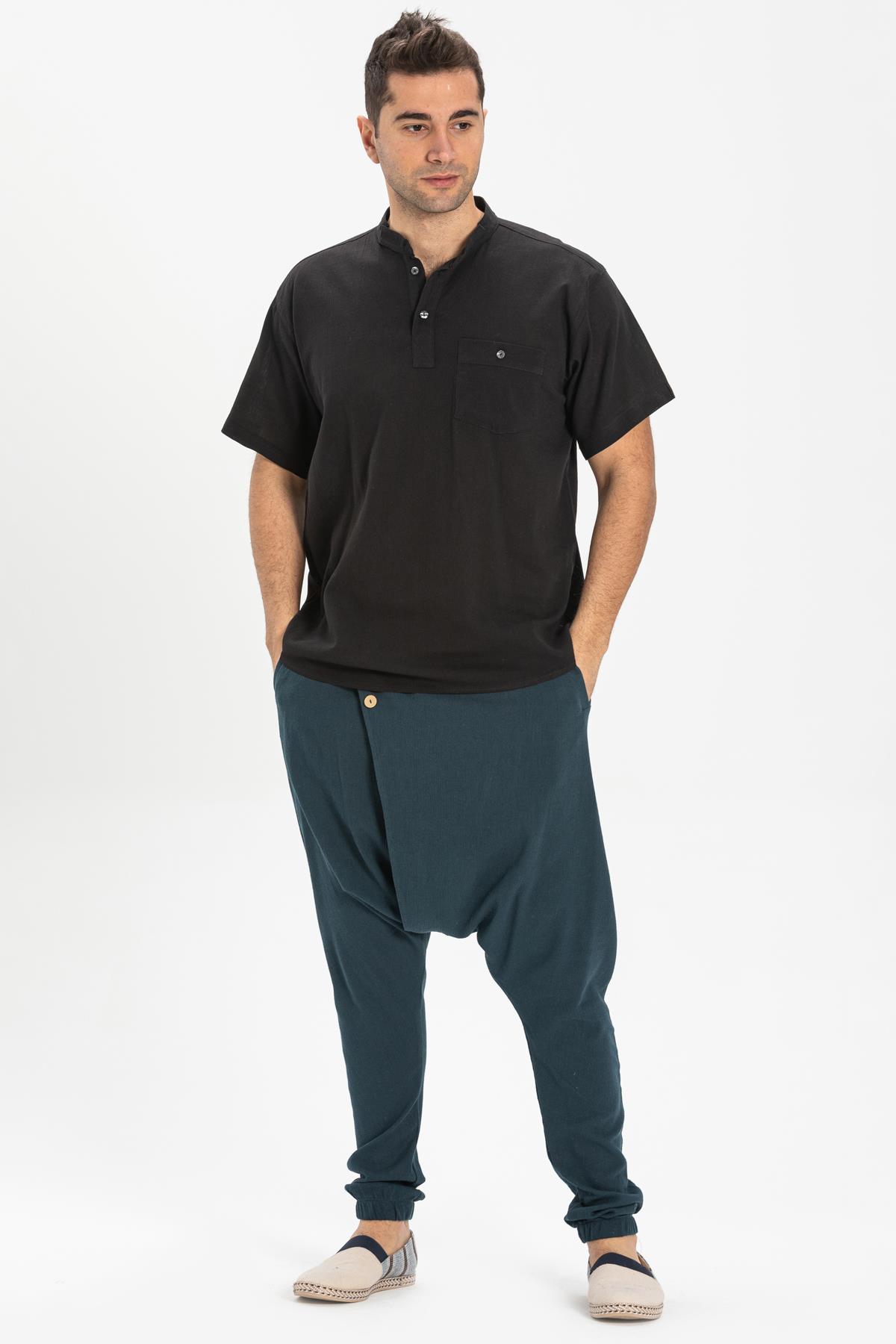 Kısa Kol Şile Bezi Tek Cepli Hakim Yaka Erkek Tshirt Siyah 3003