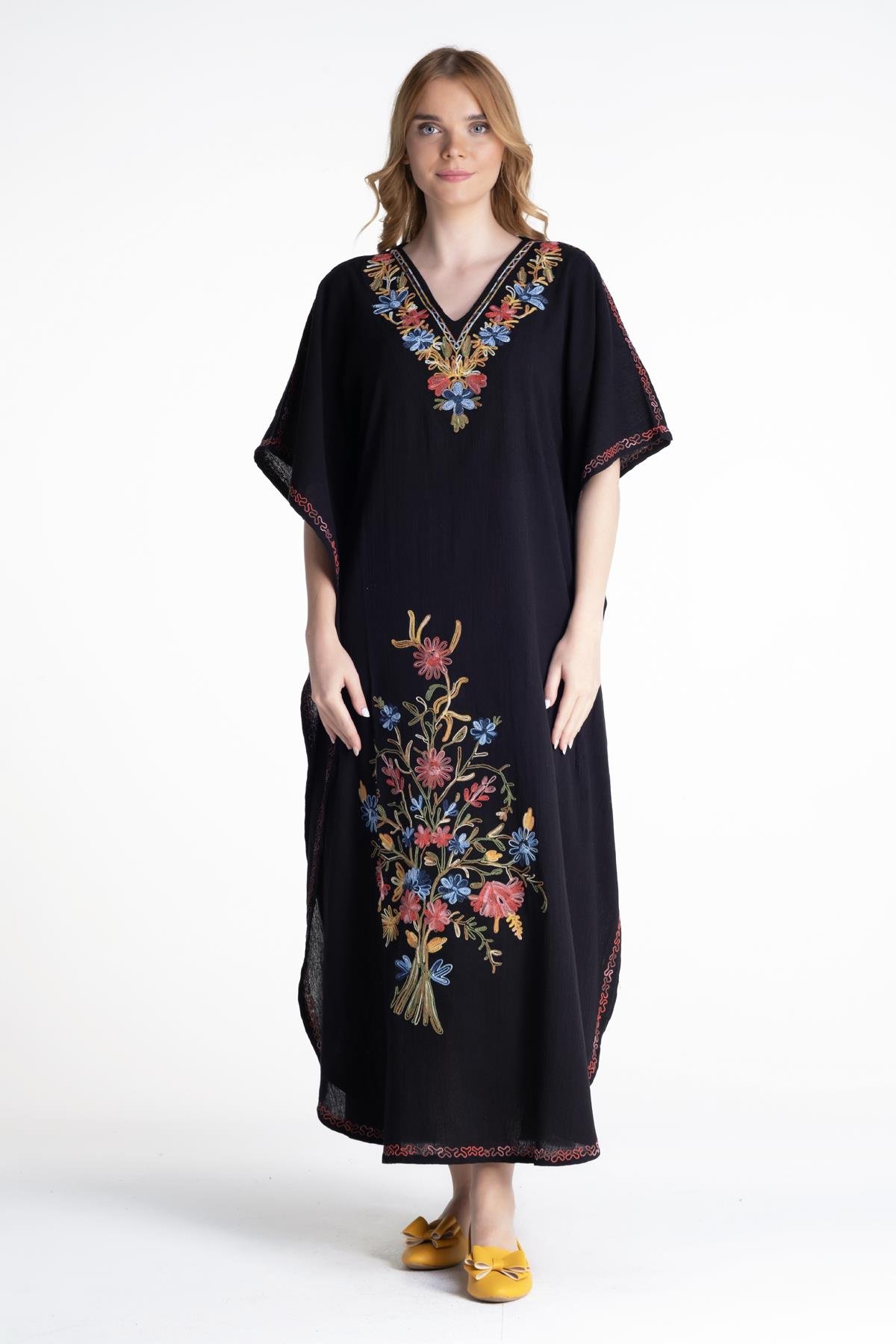 Kısa Kol Şile Bezi Tibet Uzun Elbise Siyah Syh