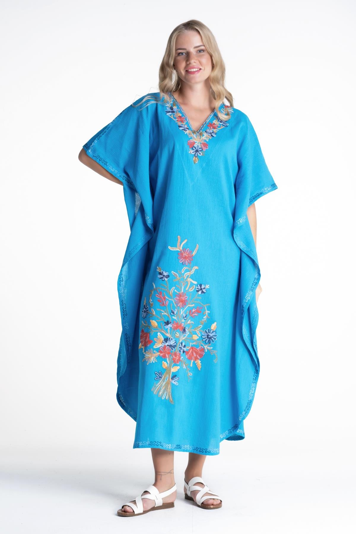 Kısa Kol Şile Bezi Tibet Uzun Elbise Turkuaz Trkz