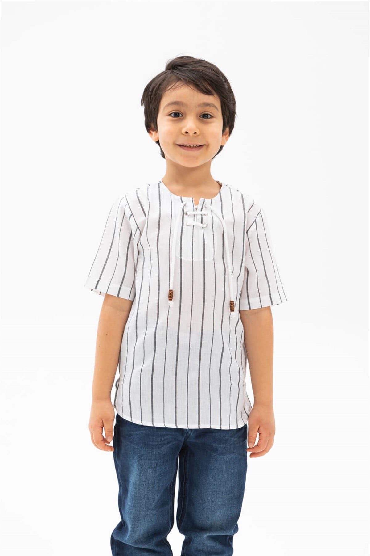 Kısa Kol Şile Bezi Zımbalı Erkek Çocuk Tshirt Beyaz Siyah Çizgili