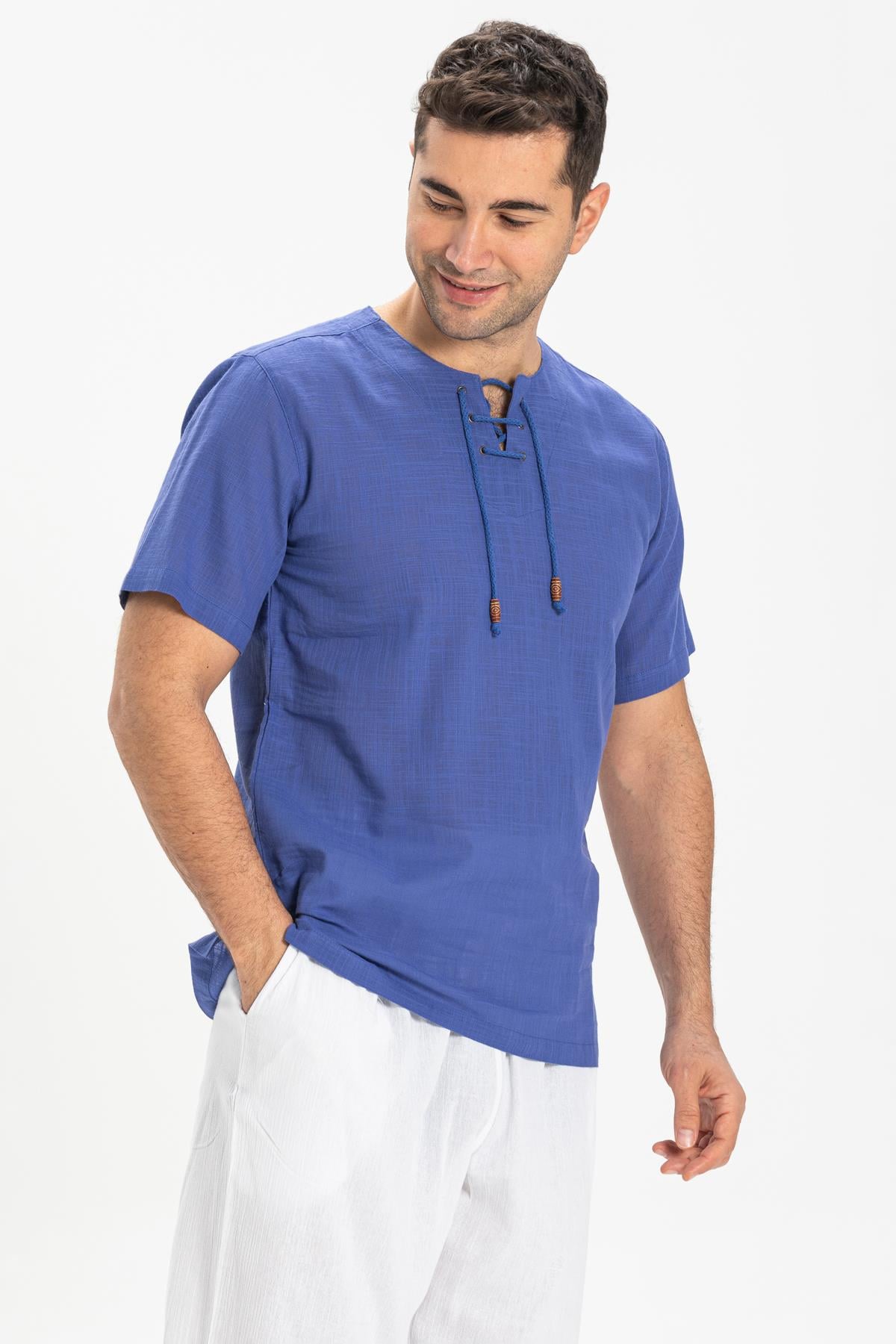 Short Sleeve Sile Fabric Staple Men Tshirt Saxe