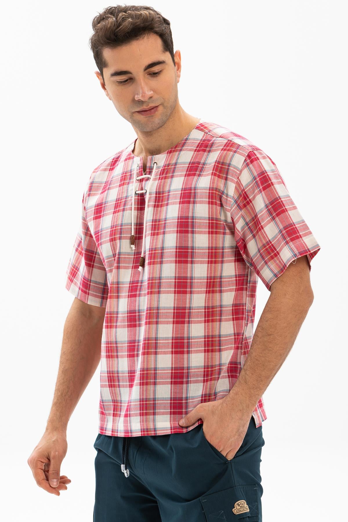 Short Sleeve Sile Fabric Stripped Men TShirt Red Cream Plaid