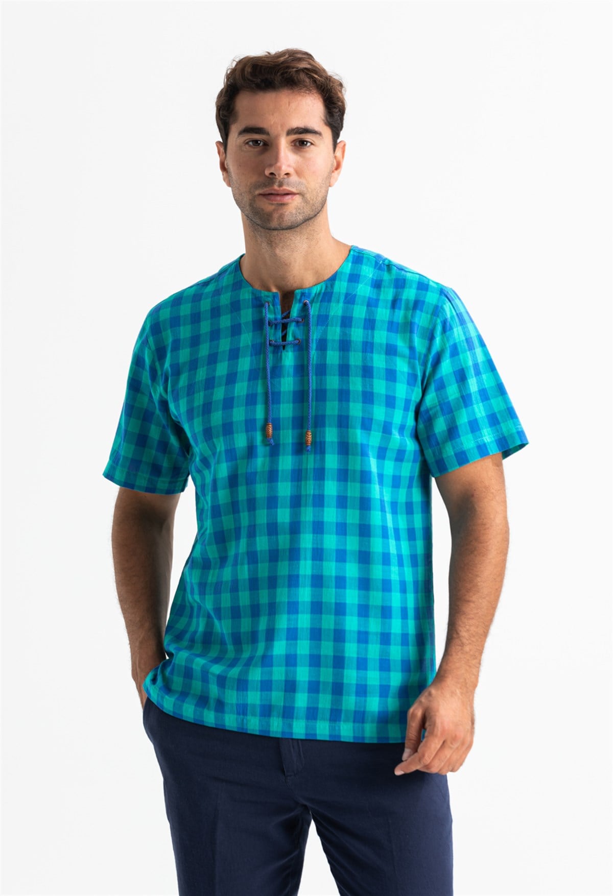Short Arm Sile Fabric Stripped Men TShirt Mint Chequered