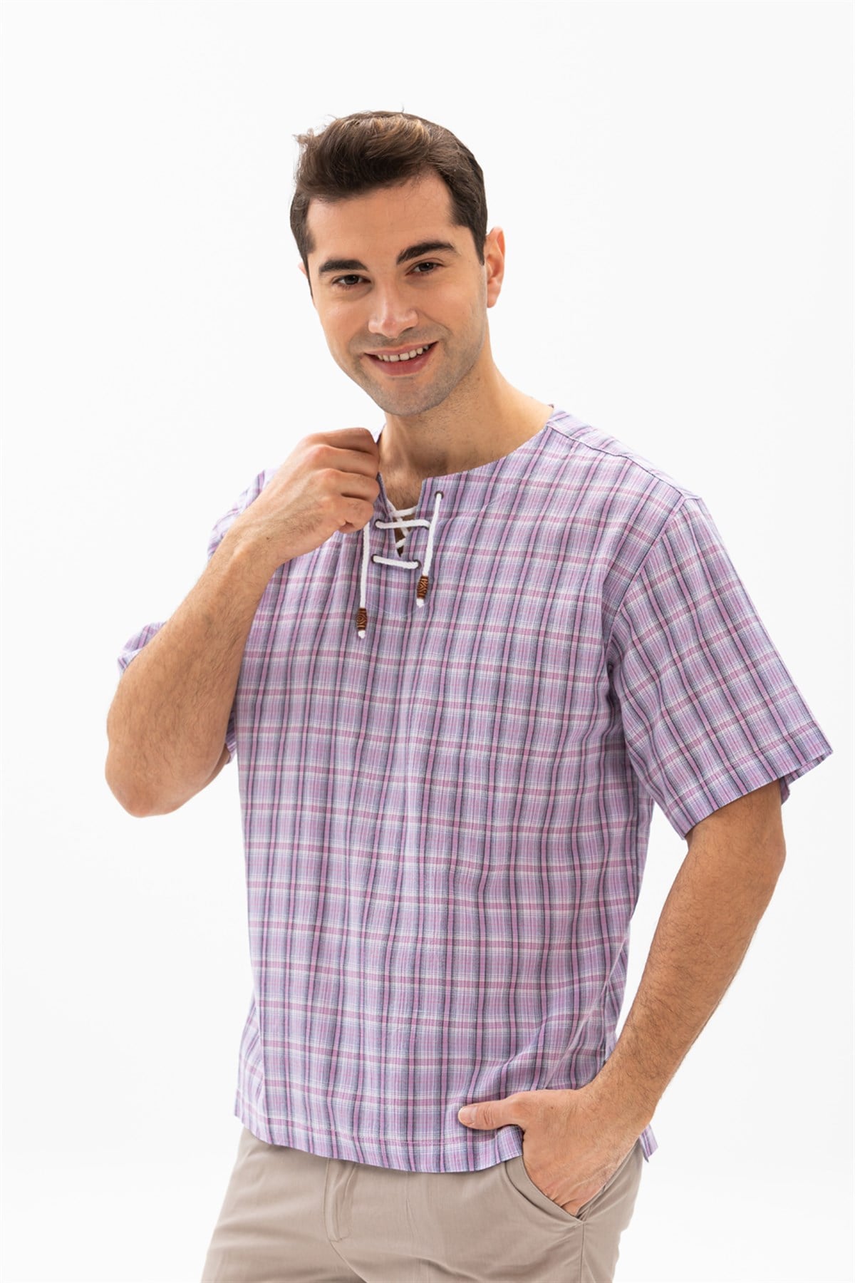Kısa Kol Şile Bezi Zımbalı Erkek Tshirt Lila Ekose