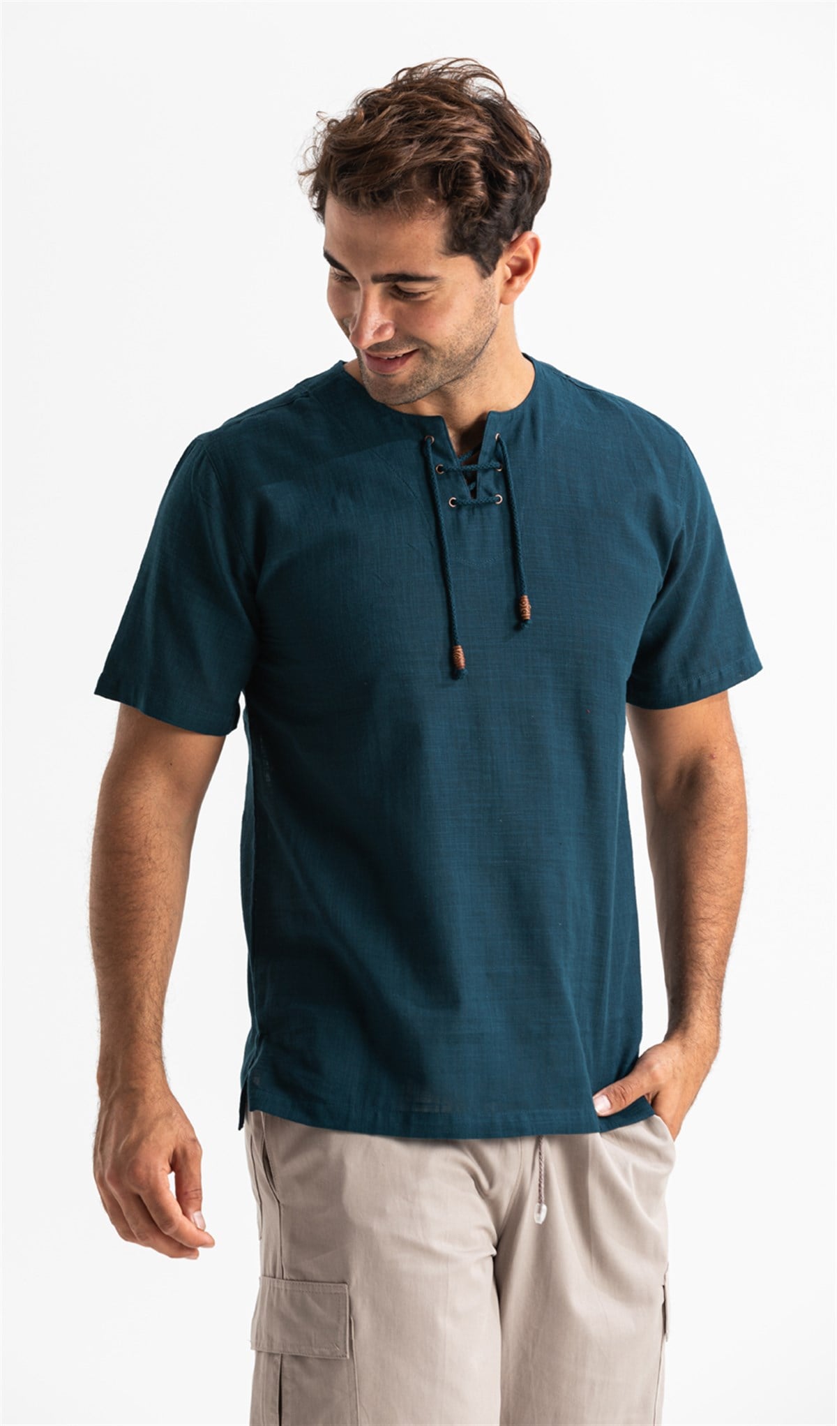 Short Arm Sile Fabric Stripped Men TShirt Koyu Petrol