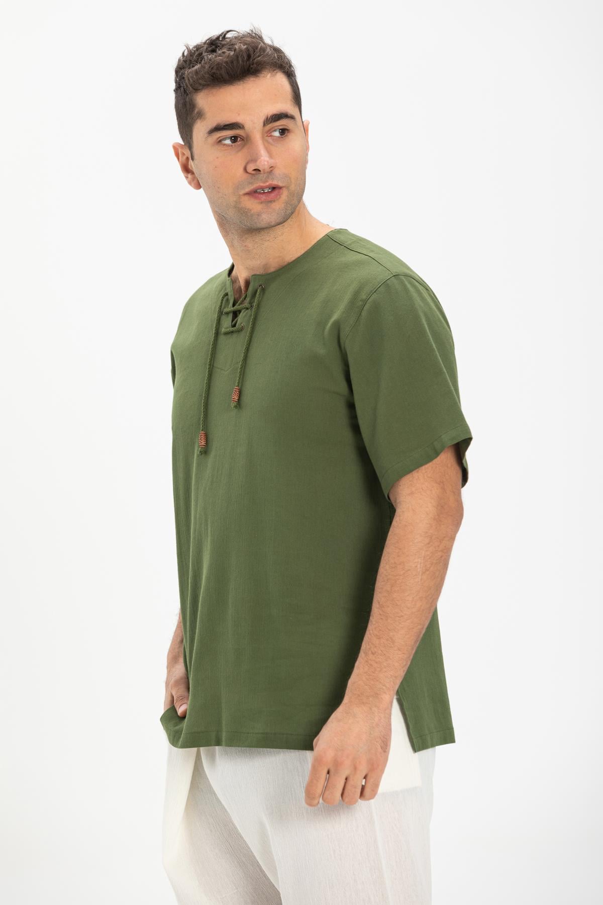 Kısa Kol Şile Bezi Zımbalı Erkek Tshirt Açık Haki 3052