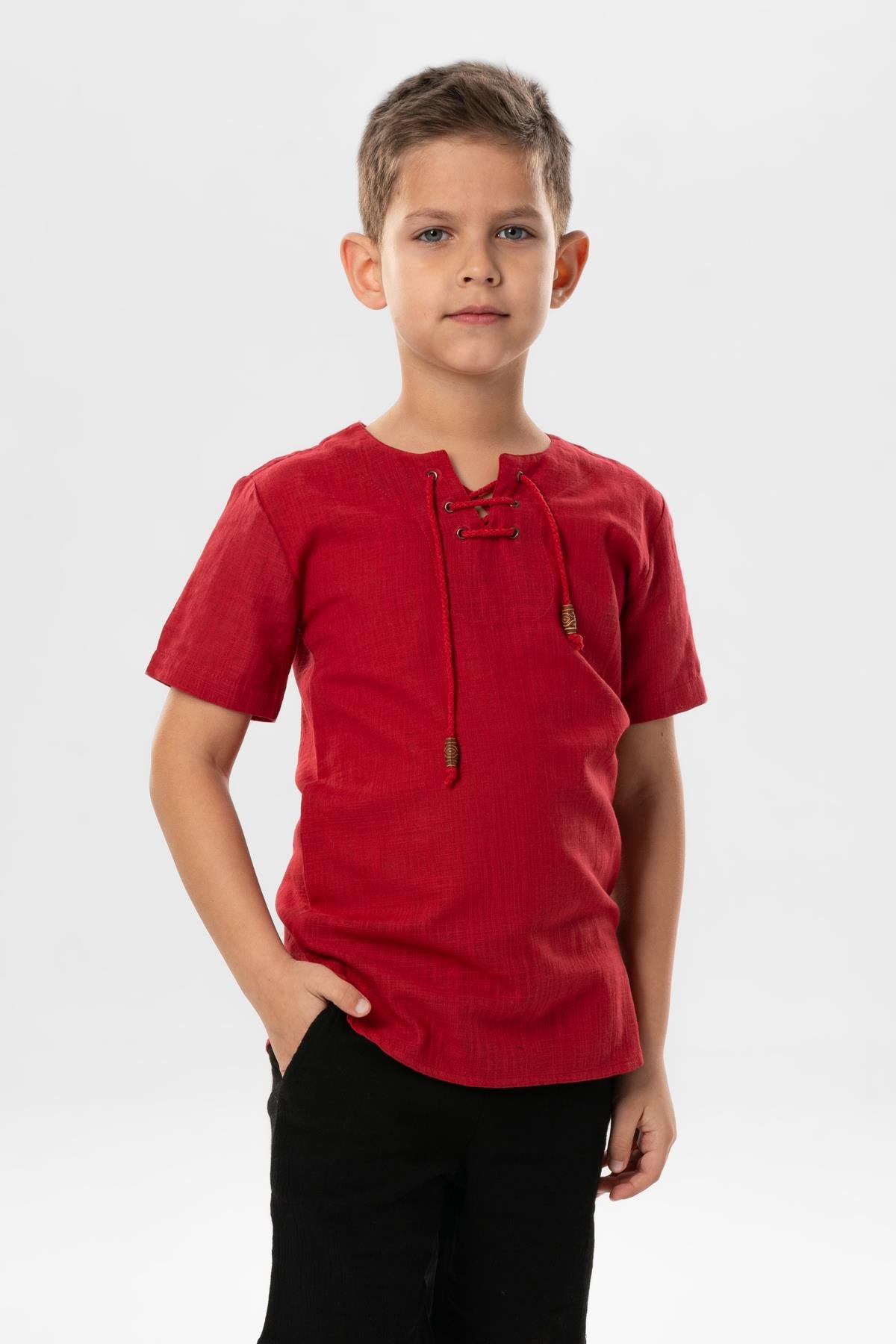 Kısa Kol Şile Bezi Zımbalı Yazlık Erkek Çocuk Tshirt Kırmızı 3051