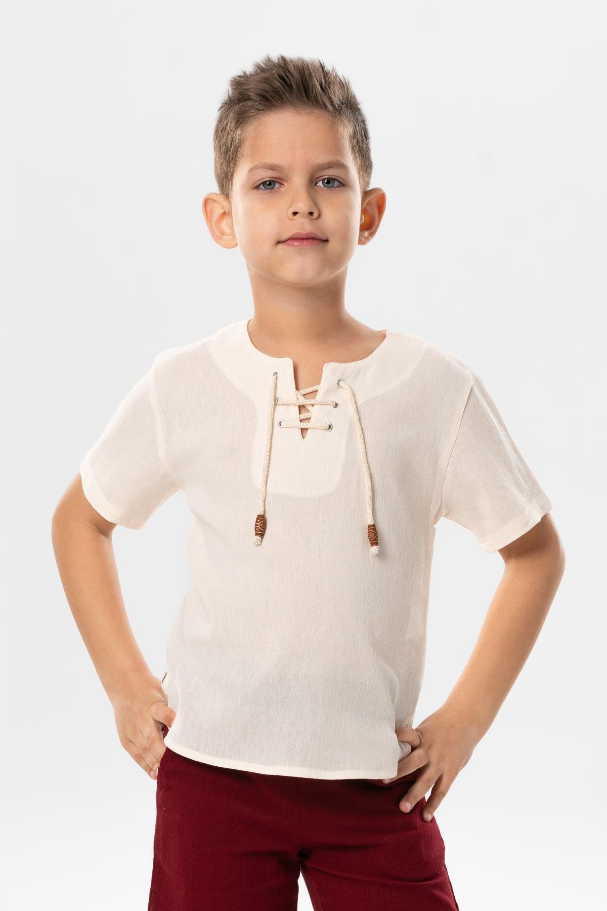 Kısa Kol Şile Bezi Zımbalı Yazlık Erkek Çocuk Tshirt Krem 3002