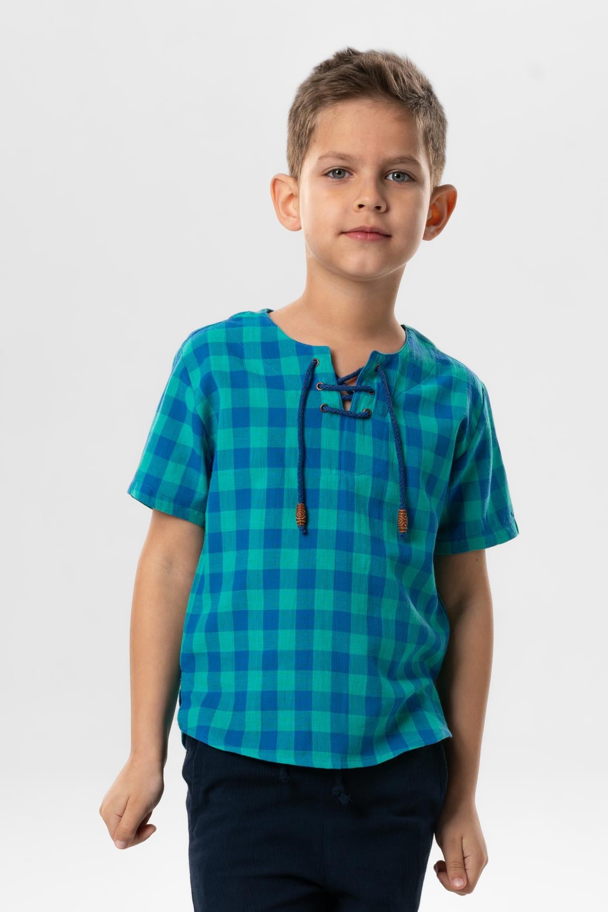 Short Arm Sile Fabric Stripped Men Kid's TShirt Mint Chequered