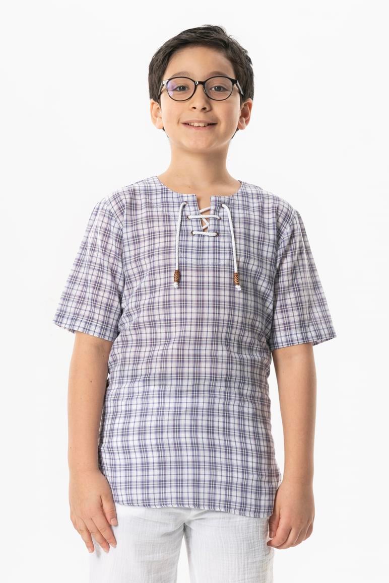 Short Arm Sile Fabric Stripped Men Kid's TShirt Purple Chequered