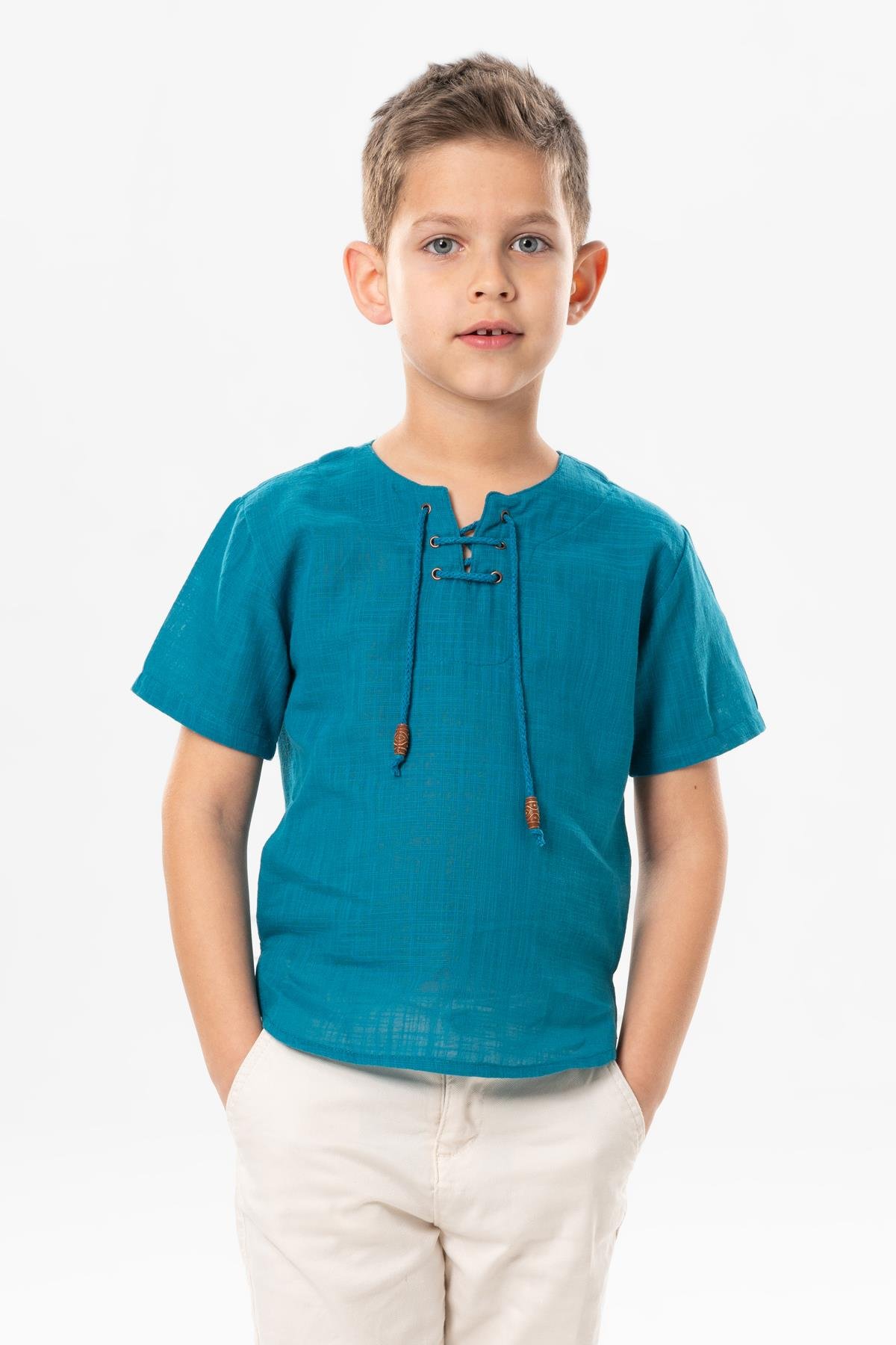 Kısa Kol Şile Bezi Zımbalı Yazlık Erkek Çocuk Tshirt Petrol 3053