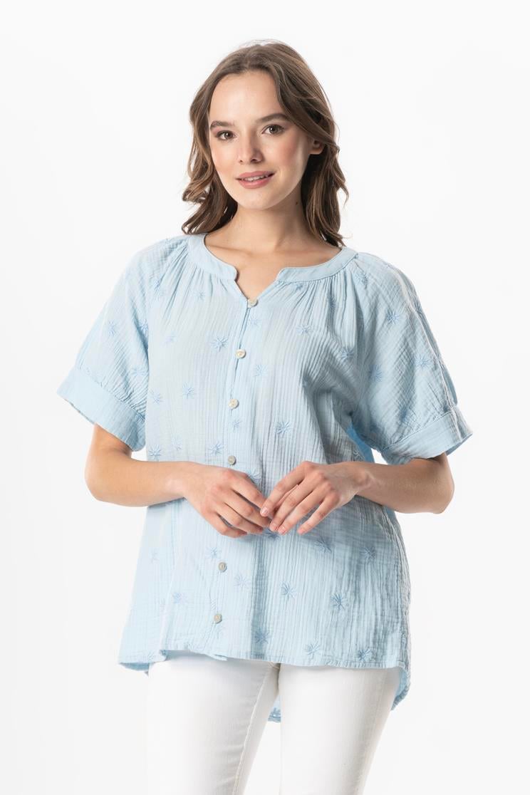 Short Sleeve V Neck Venus Buttoned Muslin Summer Blouse Ice Blue