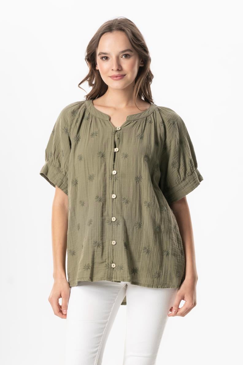 Short Sleeve V Neck Venus Buttoned Muslin Summer Blouse Khaki