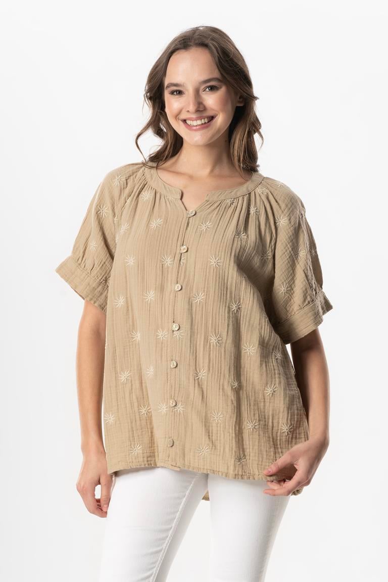Short Sleeve V Neck Venus Buttoned Muslin Summer Blouse Mink
