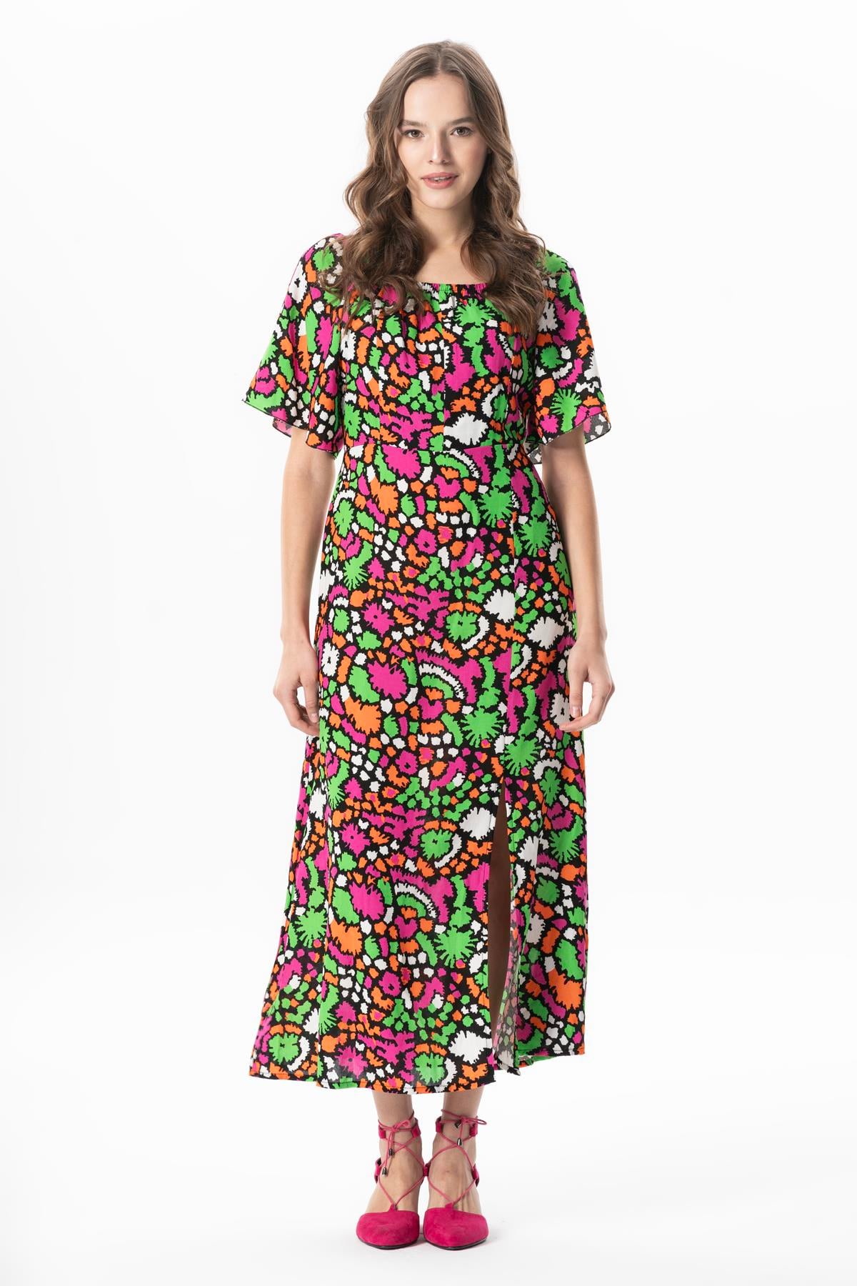Short Sleeve Viscose Almeda Square Neck Long Dress Abstract Black