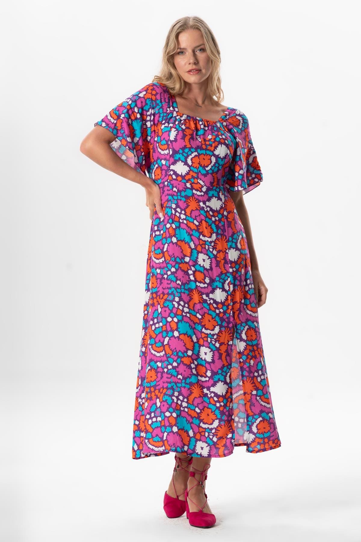 Short Sleeve Viscose Almeda Square Neck Long Dress Abstract Purple