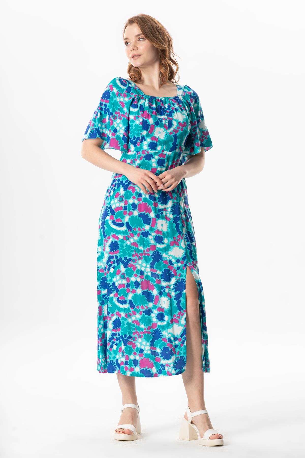 Short Sleeve Viscose Almeda Square Neck Long Dress Abstract Nile Green