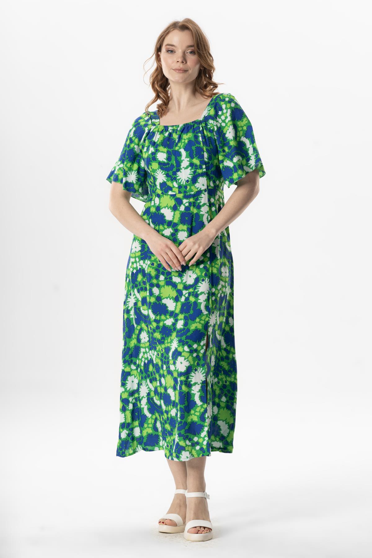 Short Sleeve Viscose Almeda Square Neck Long Dress Abstract Grass Green