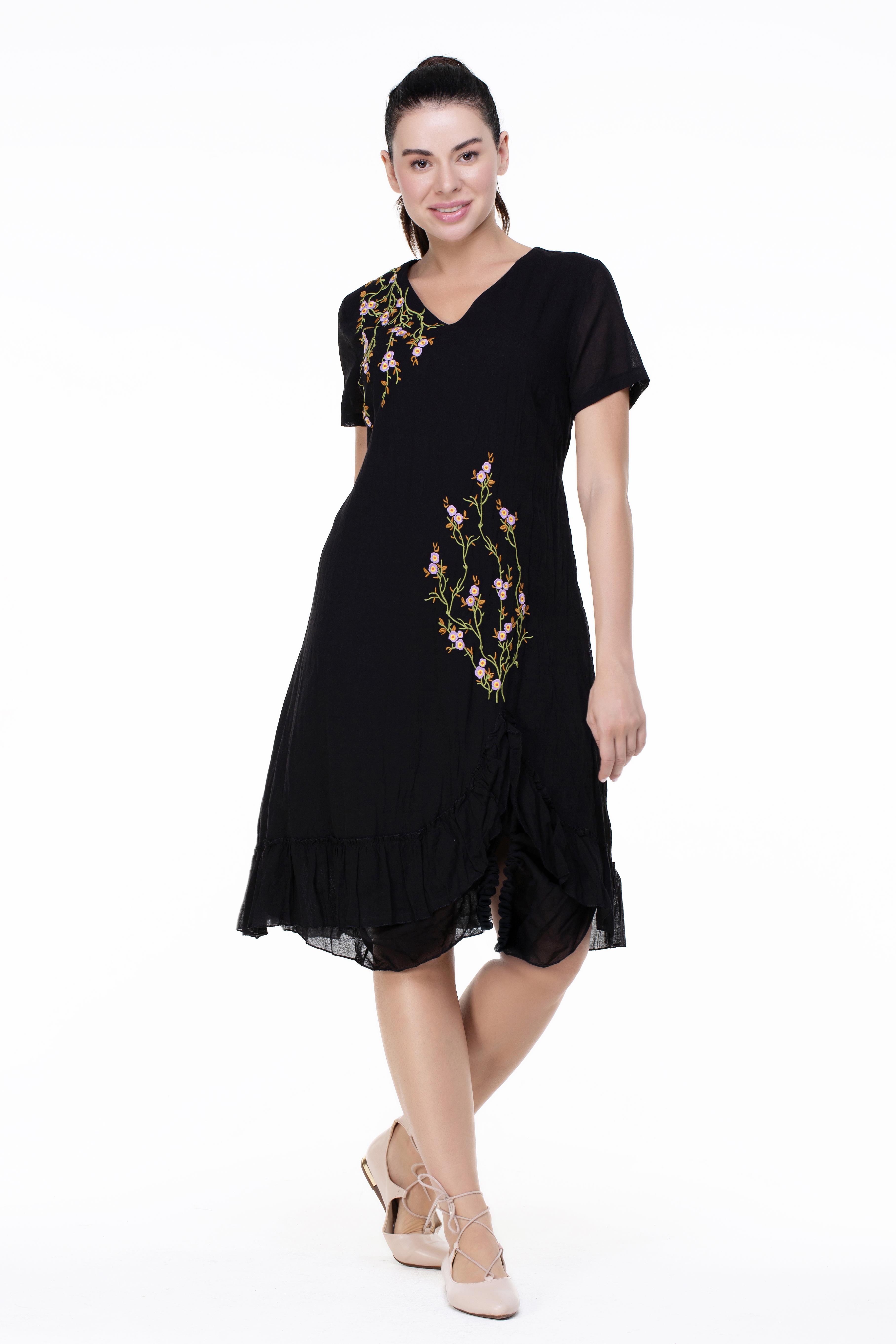 Short Sleeve Voile Sweetheart Midi Length Spring Dress Black