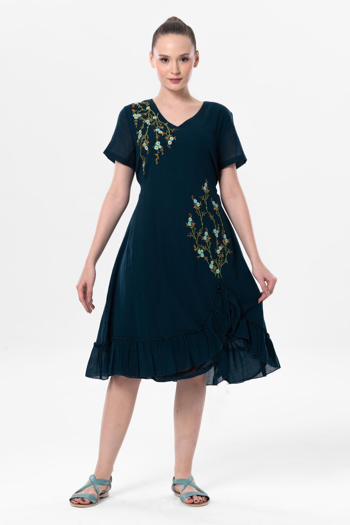 Short Sleeve Voile Sweetheart Midi Length Spring Dress Petrol