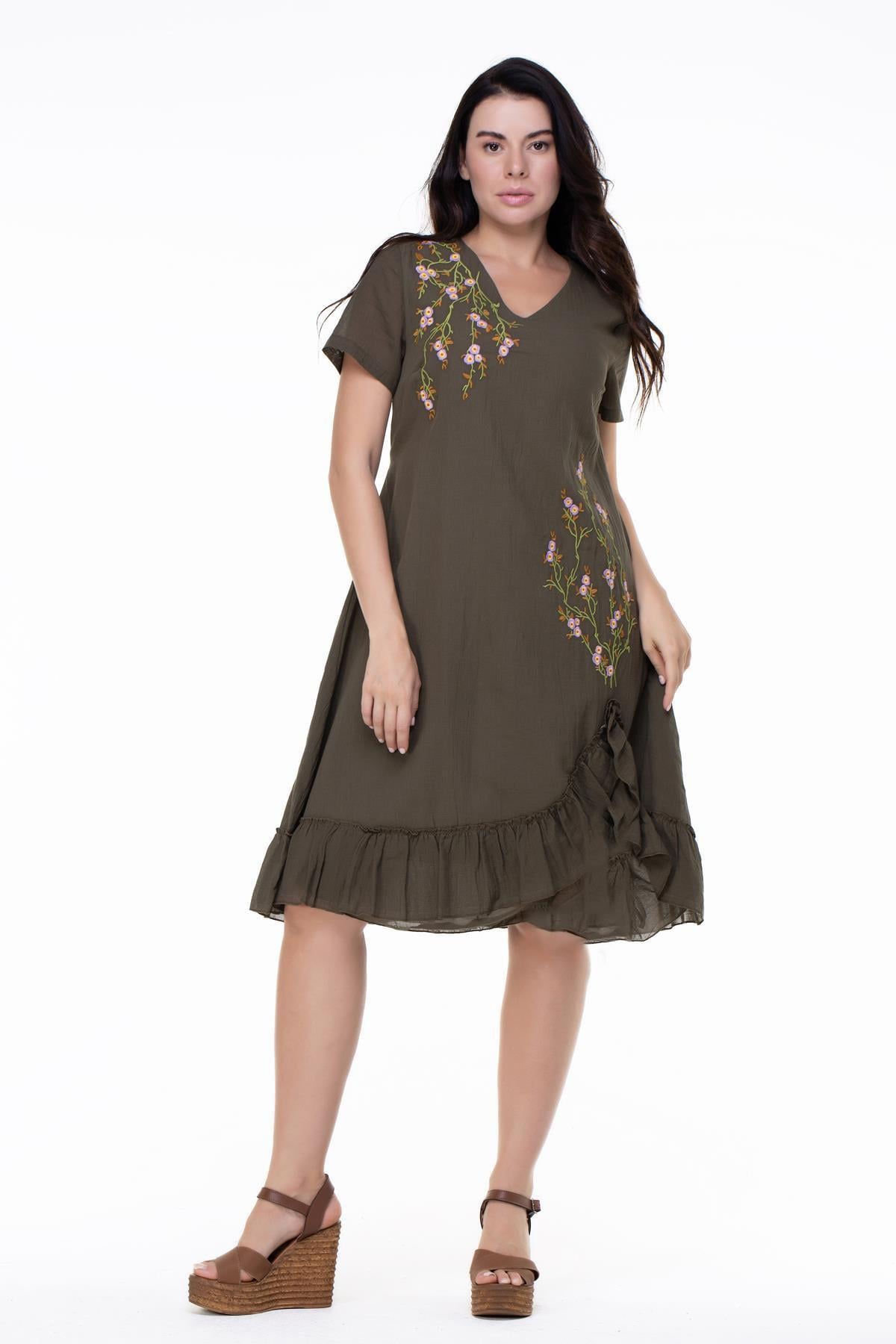 Kısa Kol Vual Candan Midi Boy Bahar Dalı Yazlık Otantik Elbise Haki Hk