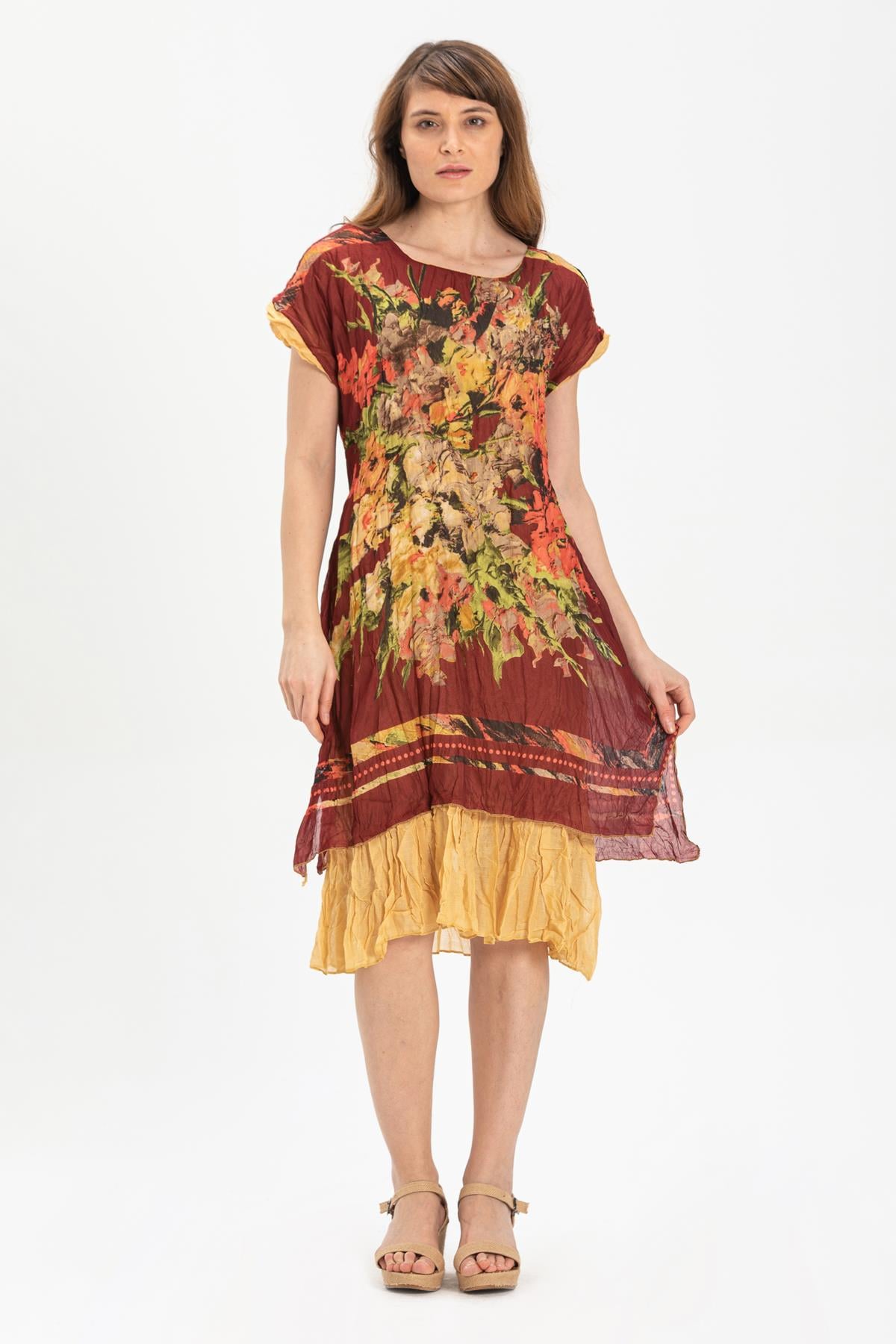 Short Sleeve Voile Defne Midi Length Dress Claret Red