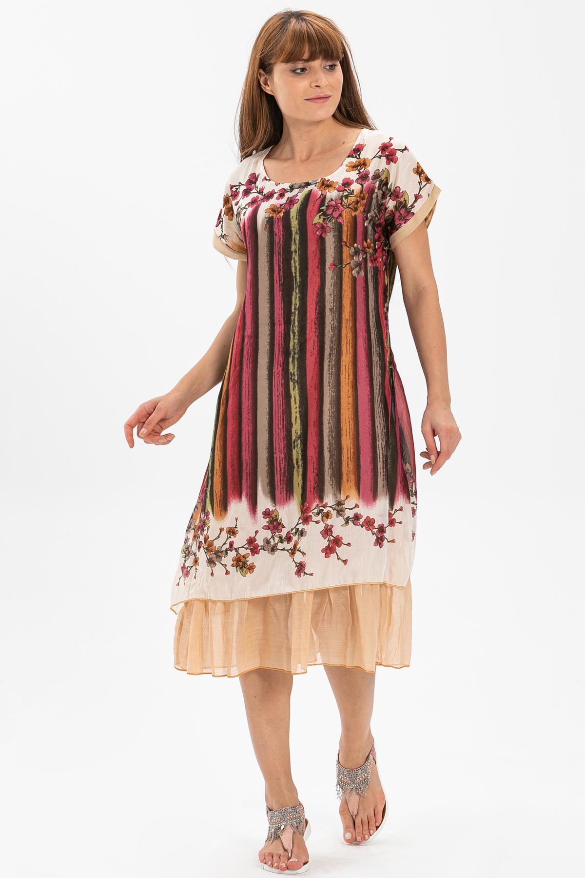 Short Sleeve Voile Defne Midi Length Dress Claret Cream